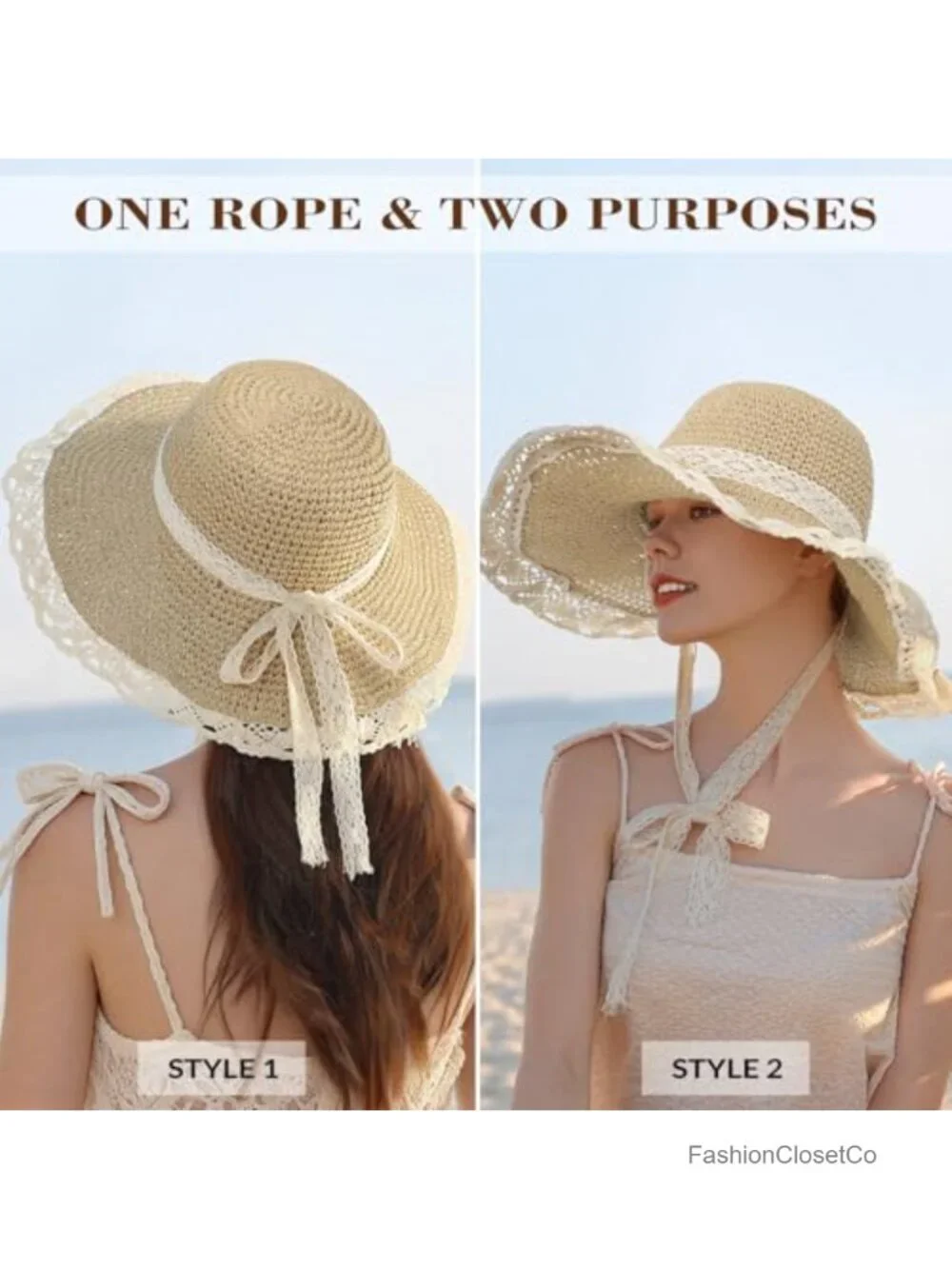 Wide Brim Sun Hat UPF 50+ Straw Beach Hat Foldable Packable